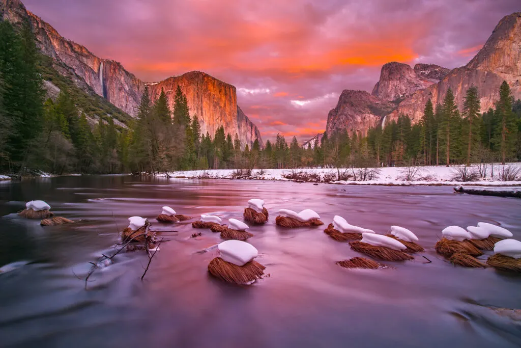 Yosemite at dusk with the last of the snow