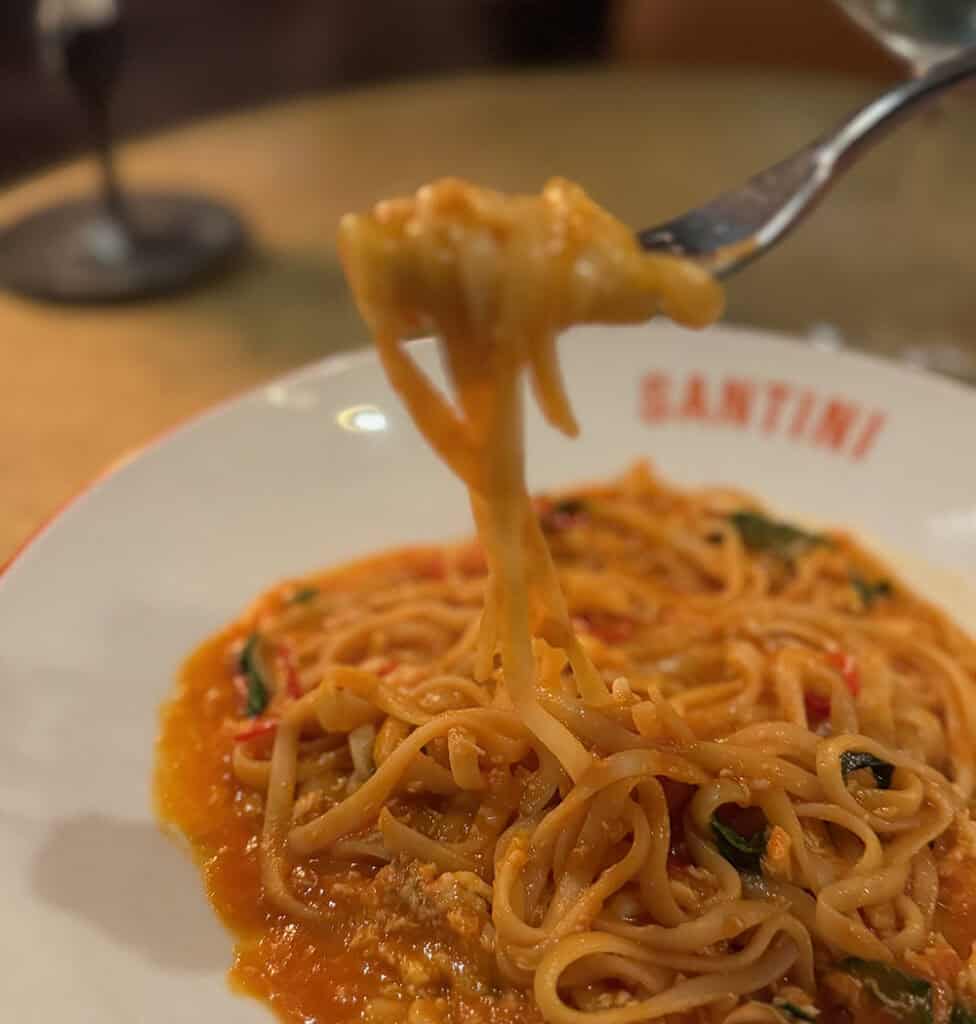 Crab linguine at Santini, in the QT Hotel