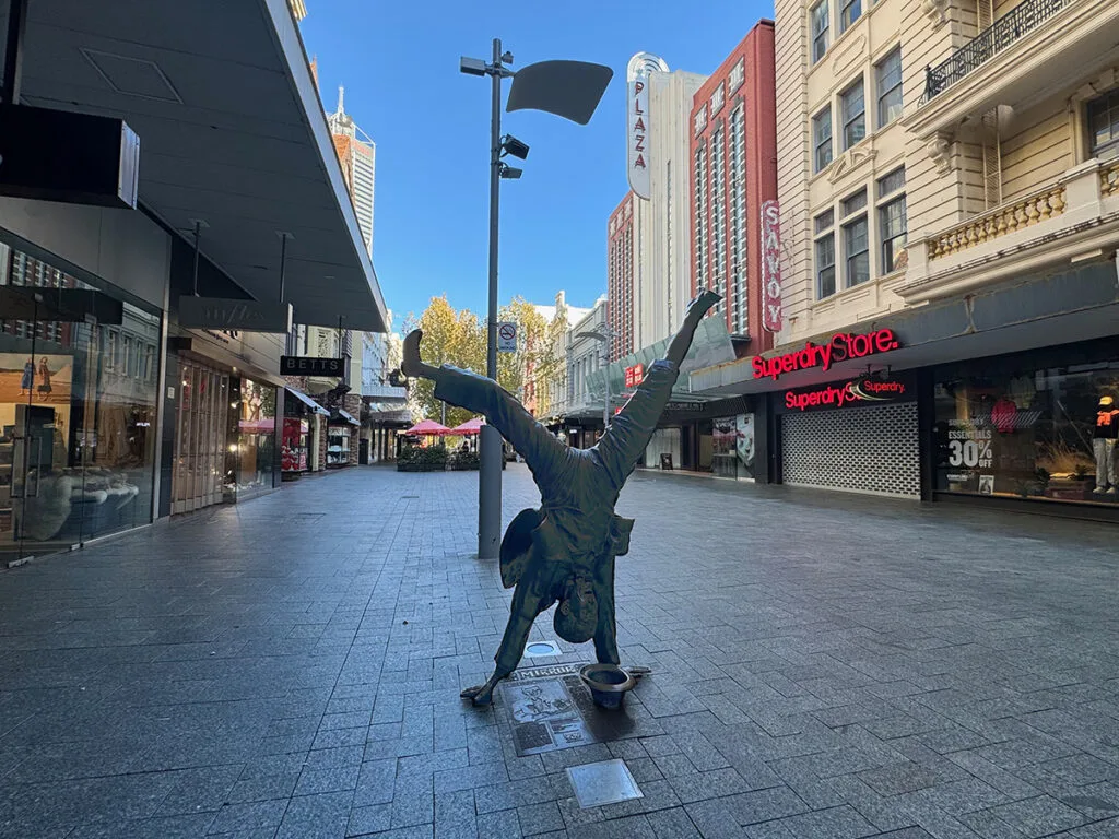 Hay Street mall shopping precinct with handstand man statue