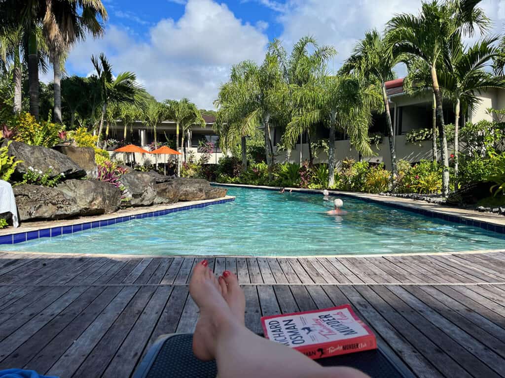 Megan's feet by the pool in Rarotonga
