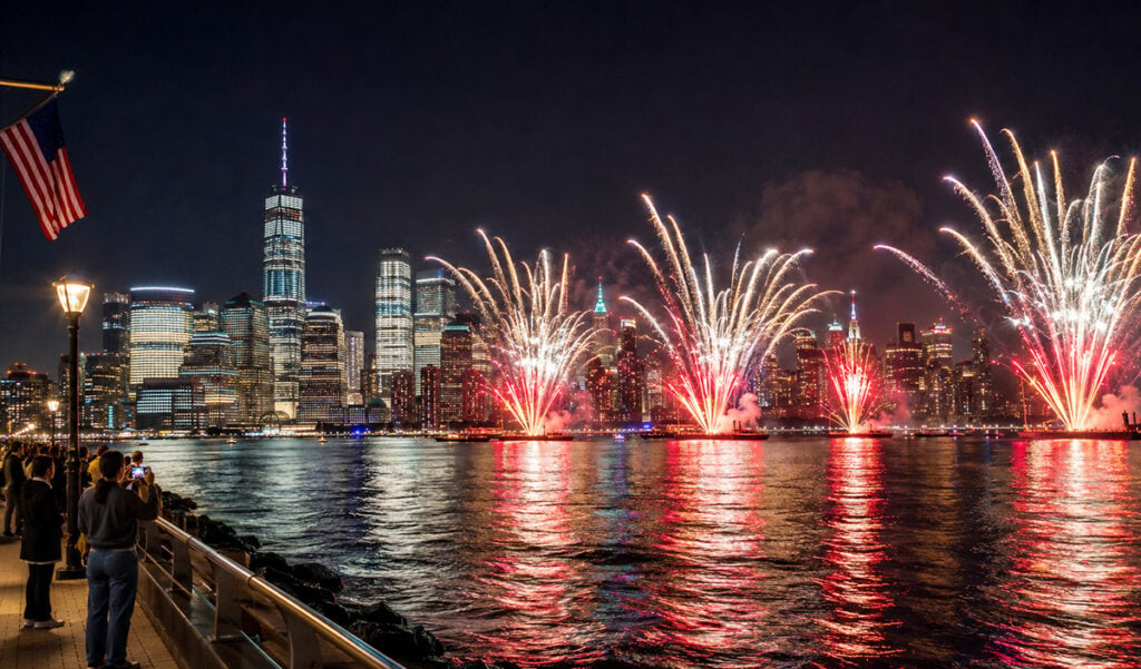 A depiction of what the fireworks might look like on the Hudson River with Manhattan behind