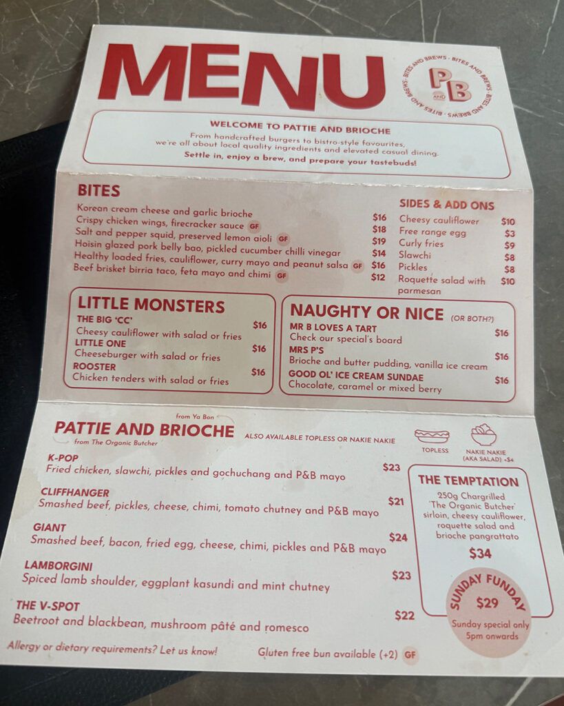 Pattie and Brioche menu