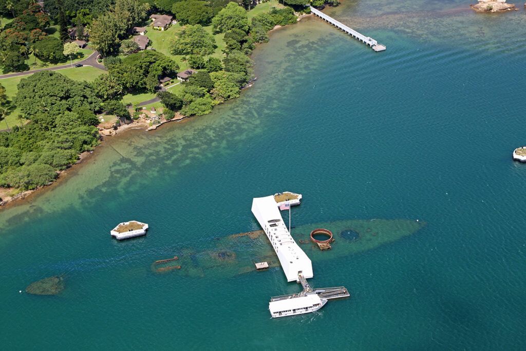 An amazing aerial view of the USS Arizona at Pearl Harbor