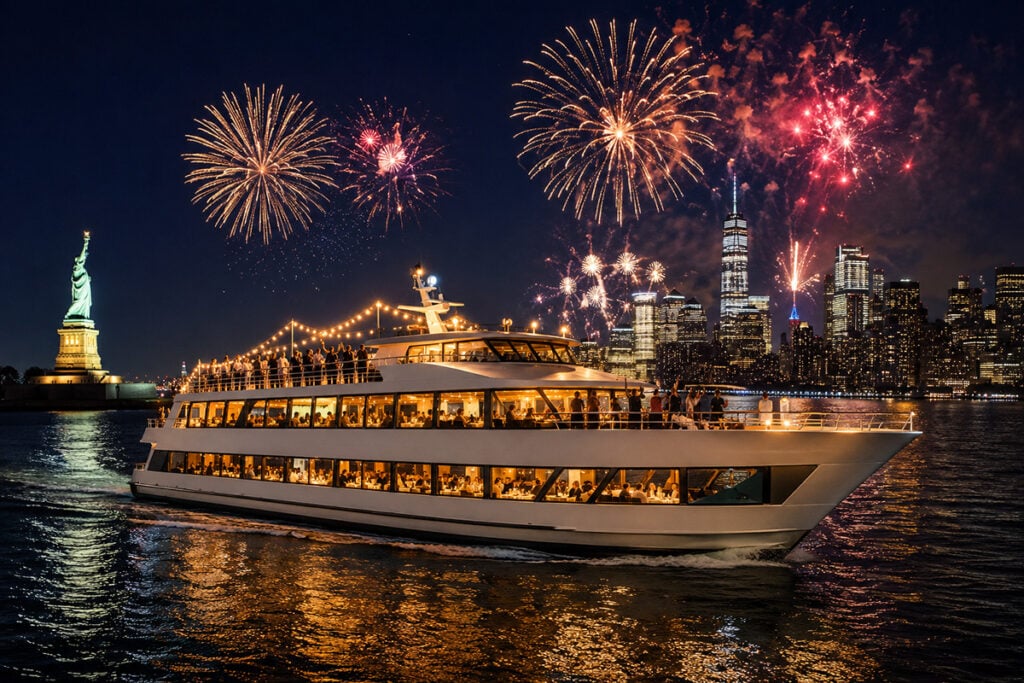 People celebrating new year's eve on a luxury yacht in New York harbor with fireworks going off