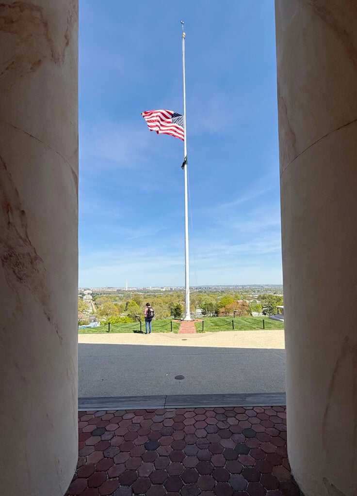 view from Robert E Lee house over Washington DC between two pillars