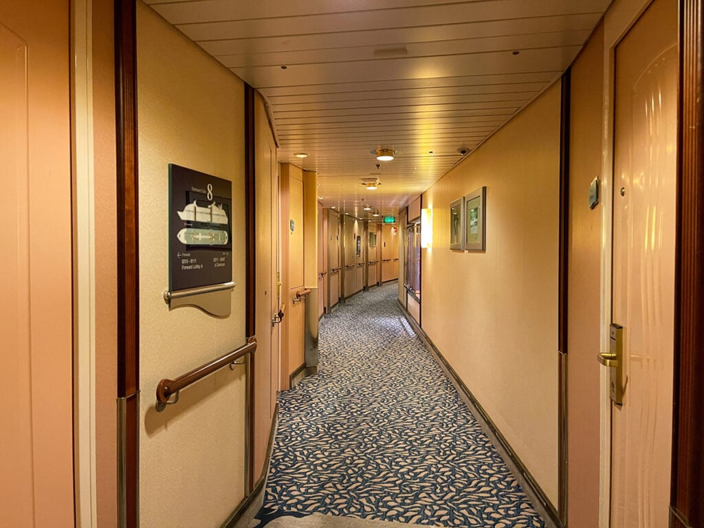 Cruise ship hallway with identical doors