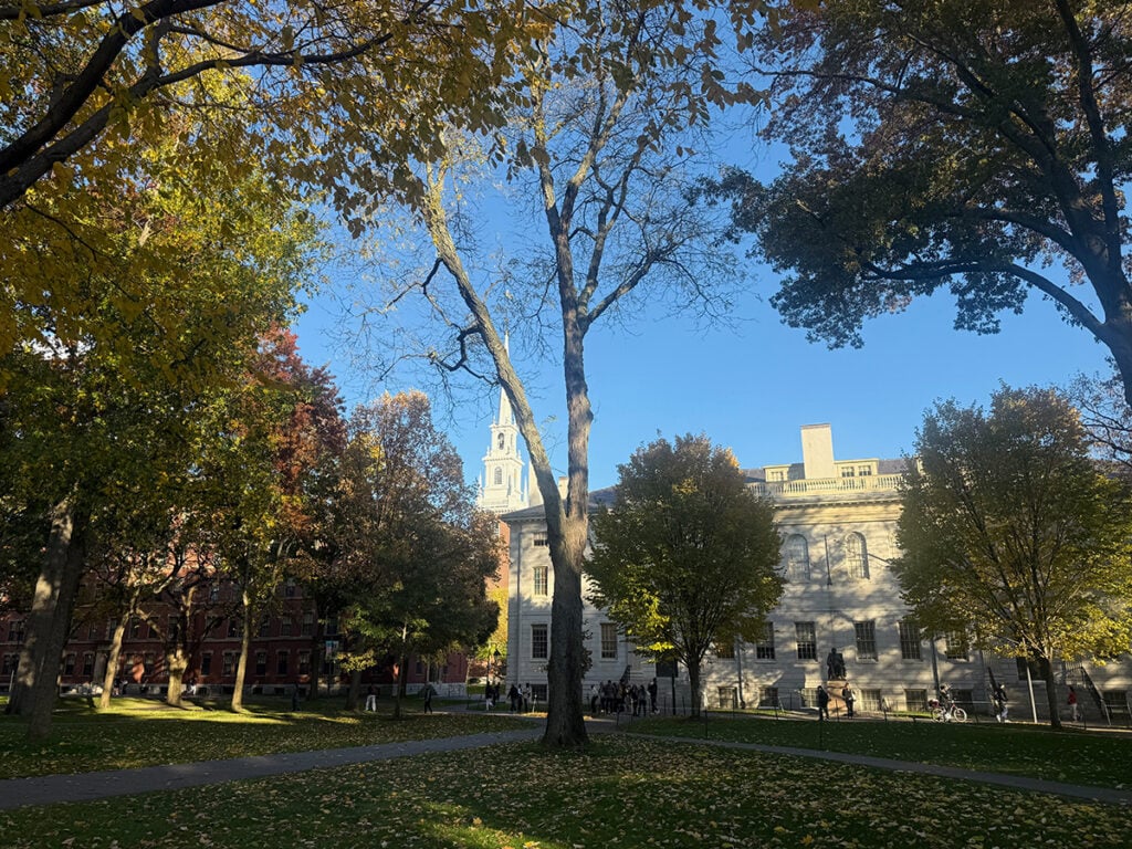Harvard grounds with fall leaves