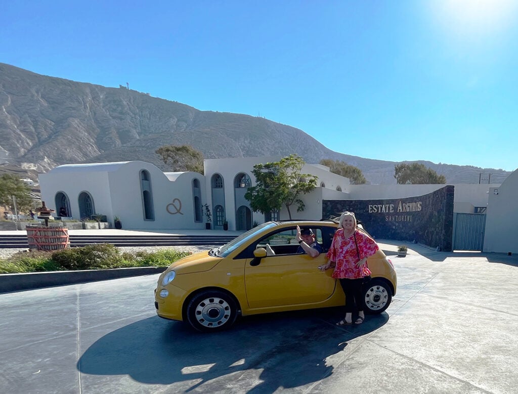 Megan with yellow Bambina at winery in Santorini