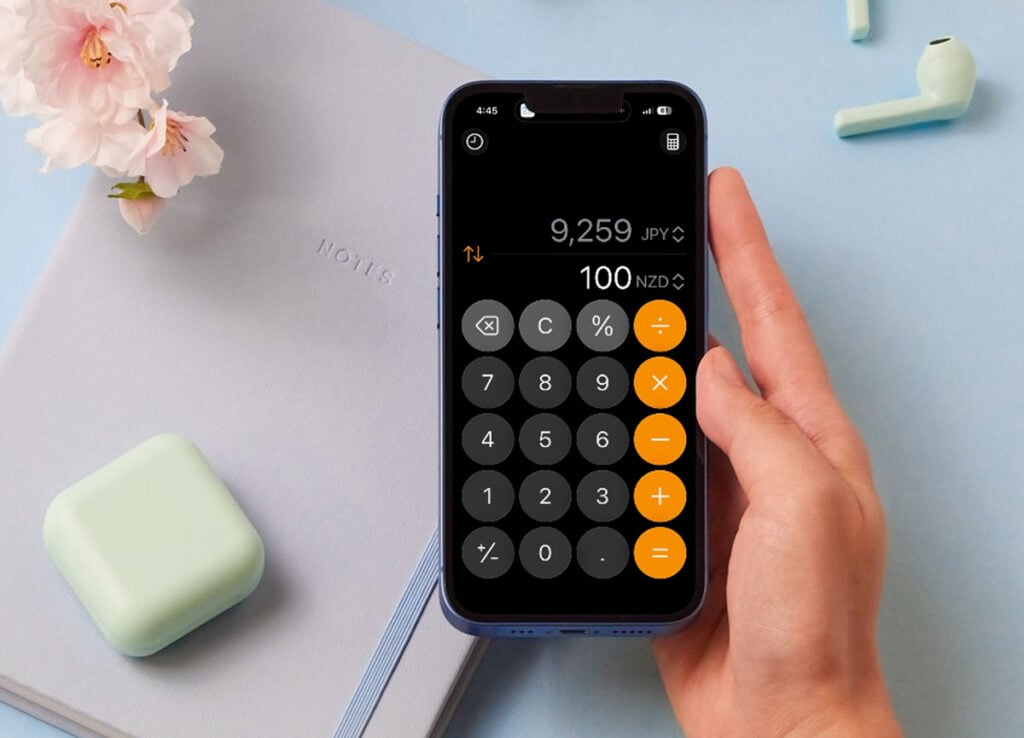 iPhone calculator app showing currency conversion