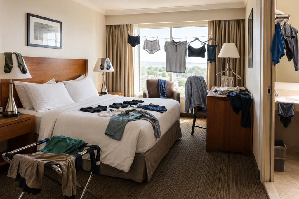 Laundry hanging around the hotel room