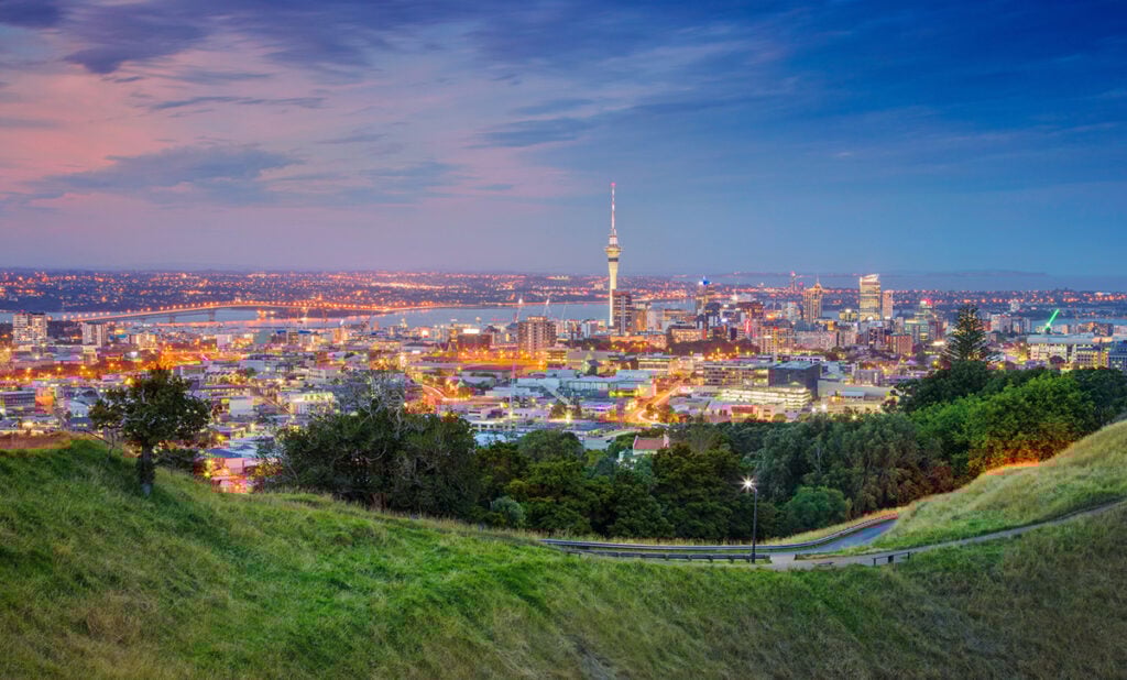 Auckland at dusk from the top of Mt Eden, one of the city's dormant volcanoes