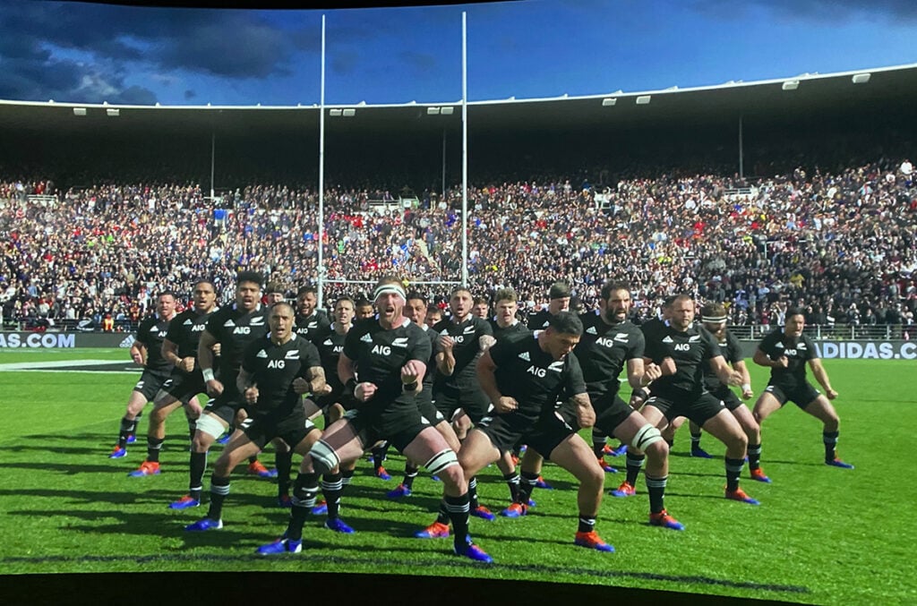 All Blacks haka performed larger than life in front of an enormous screen