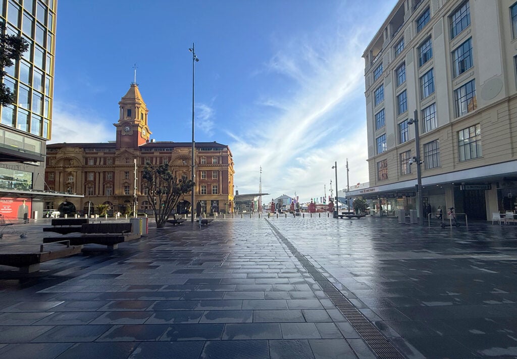 Auckland's downtown ferry building with Commercial Bay on the left