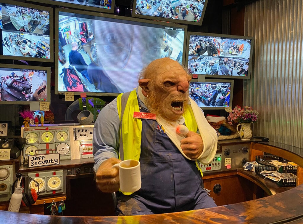 Jeff, the animated security guard, welcomes visitors to Weta Workshop Unleashed