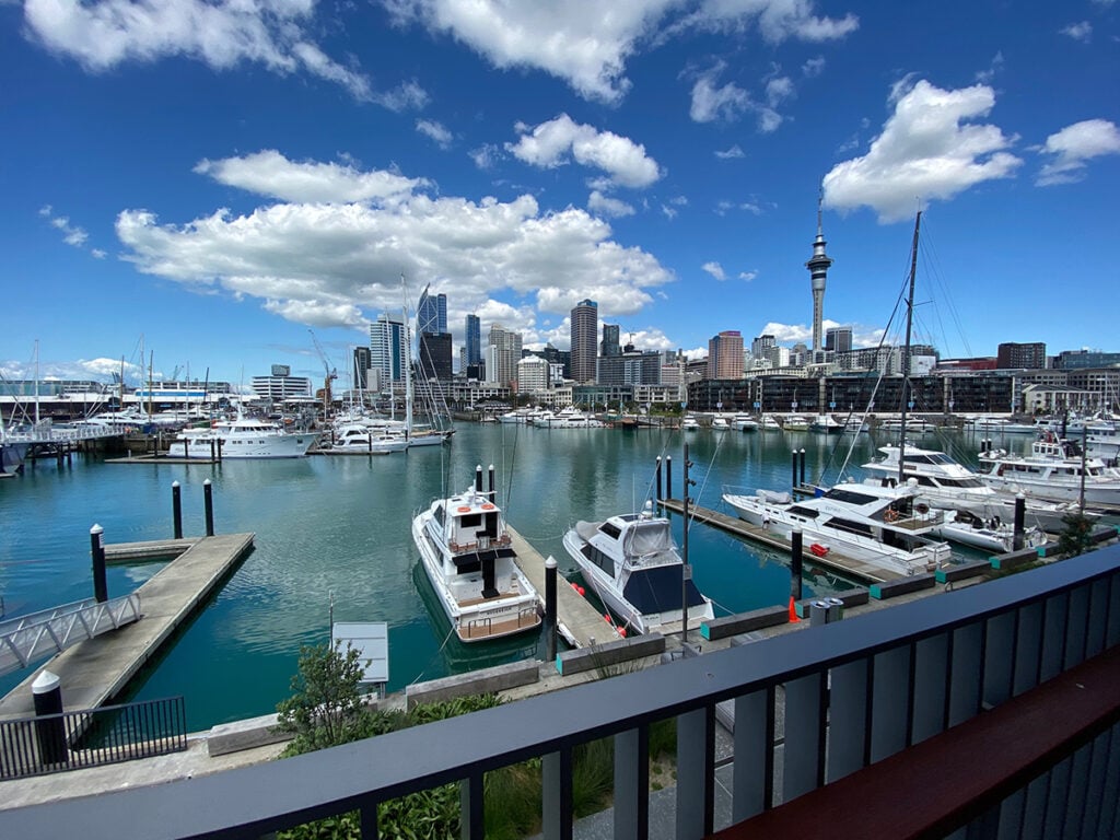 The view of the marina from the Park Hyatt Hotel towards the city and the Sky Tower piercing the view