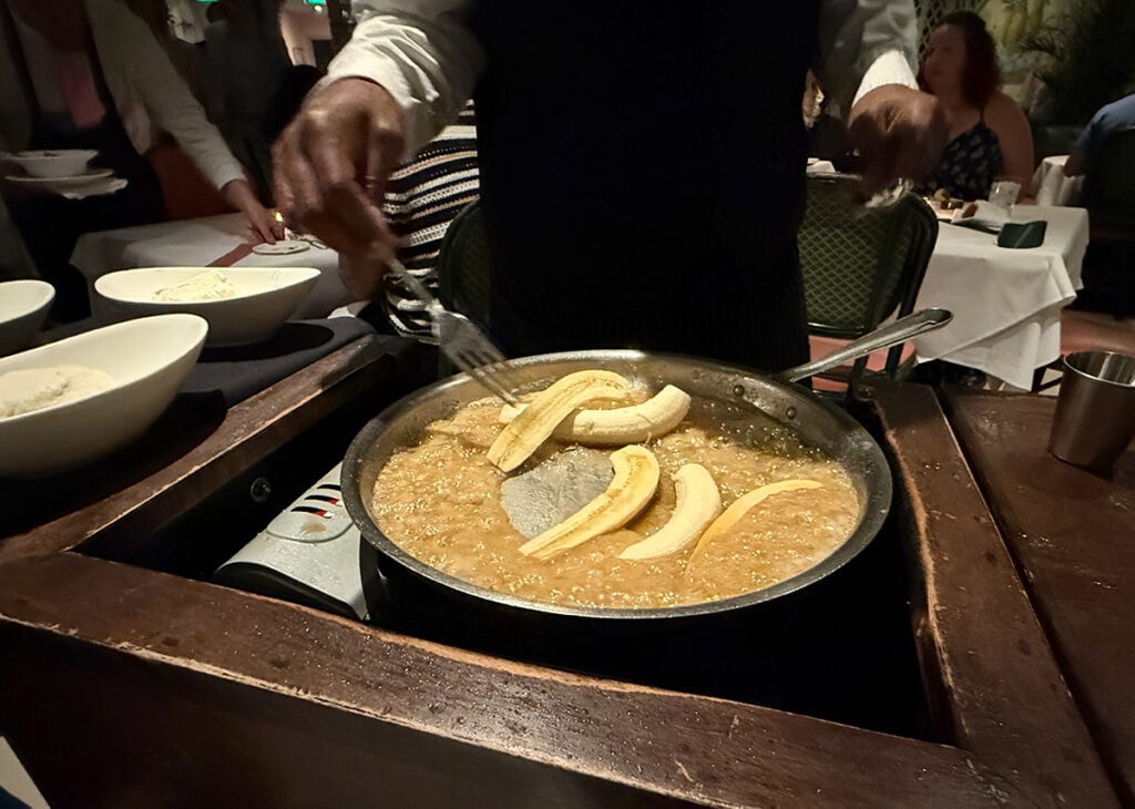 Add the sliced bananas when the sugar and butter is bubbling