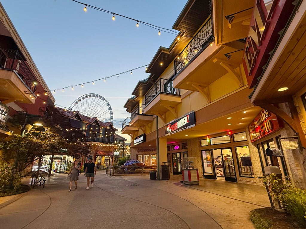 Browsing the shops at Margaritaville Island Pigeon Forge with the big wheel behind