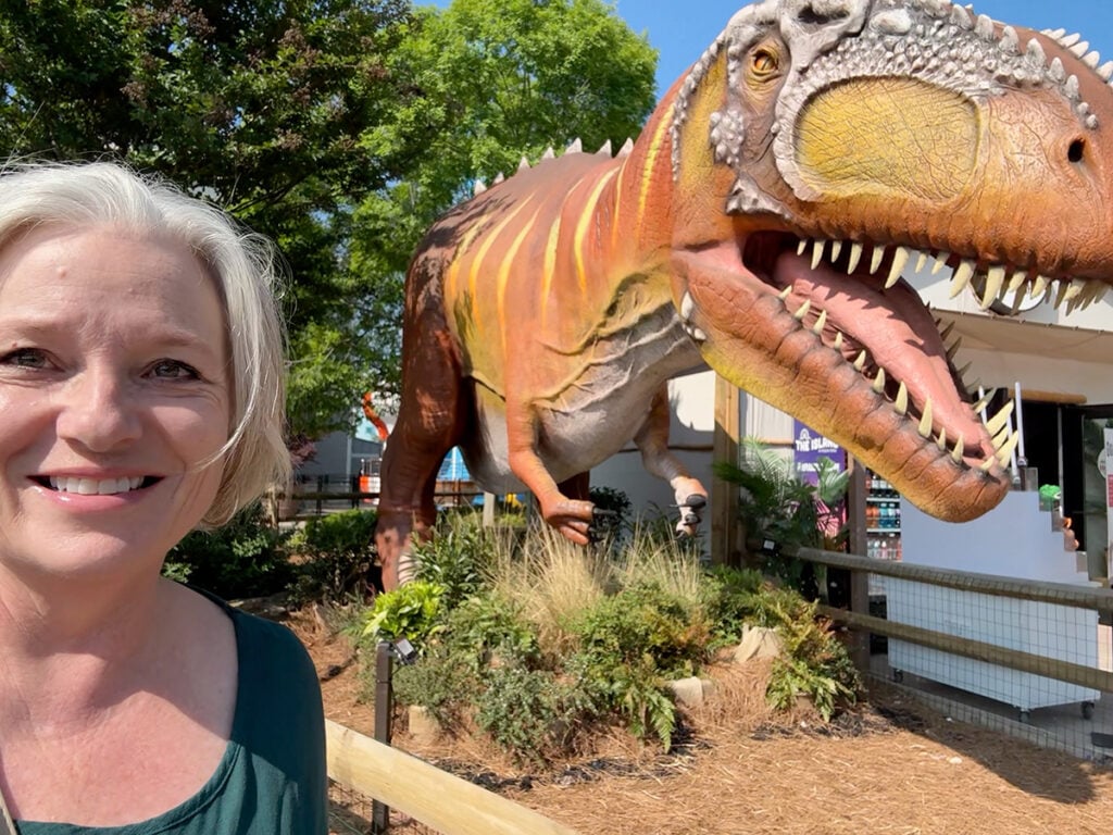 Megan with one of the many dinosaurs on the Island