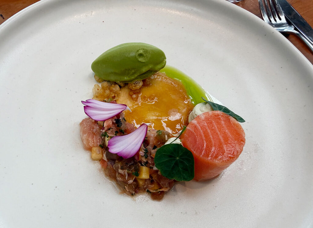 Ahi's salmon and kina creme fraiche with salmon roe