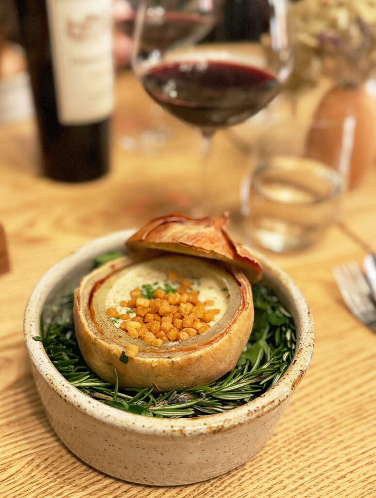 Seafood chowder served in an onion at Embra, Taupo