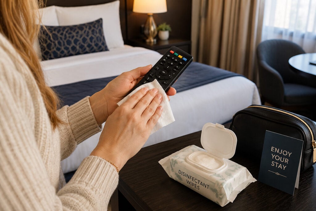 woman wiping TV remote control in hotel room