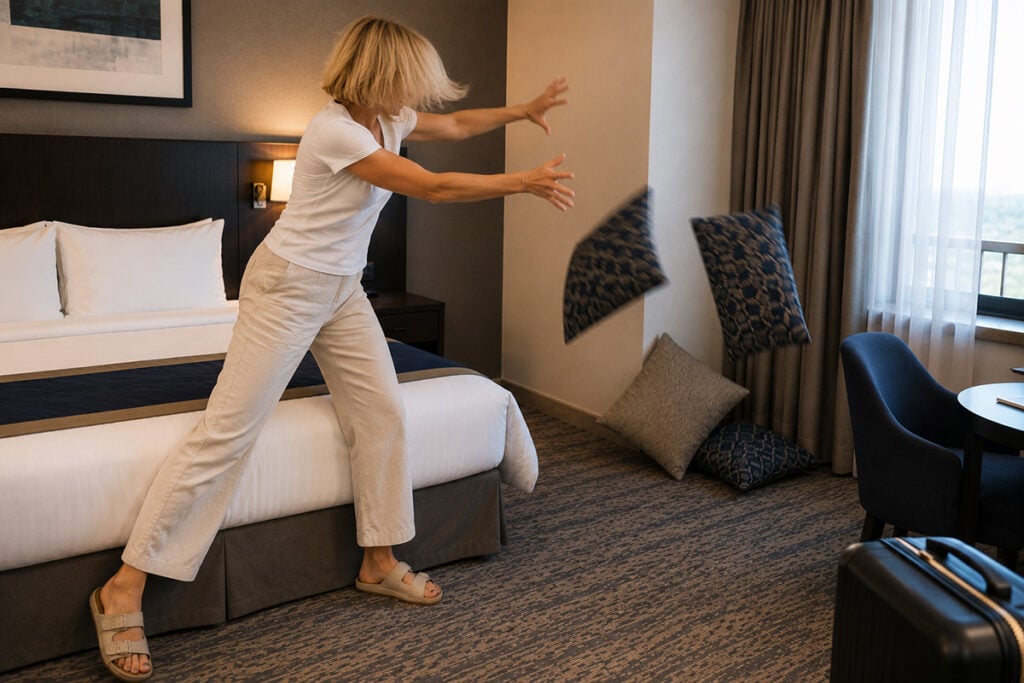 woman throwing hotel pillows onto the floor