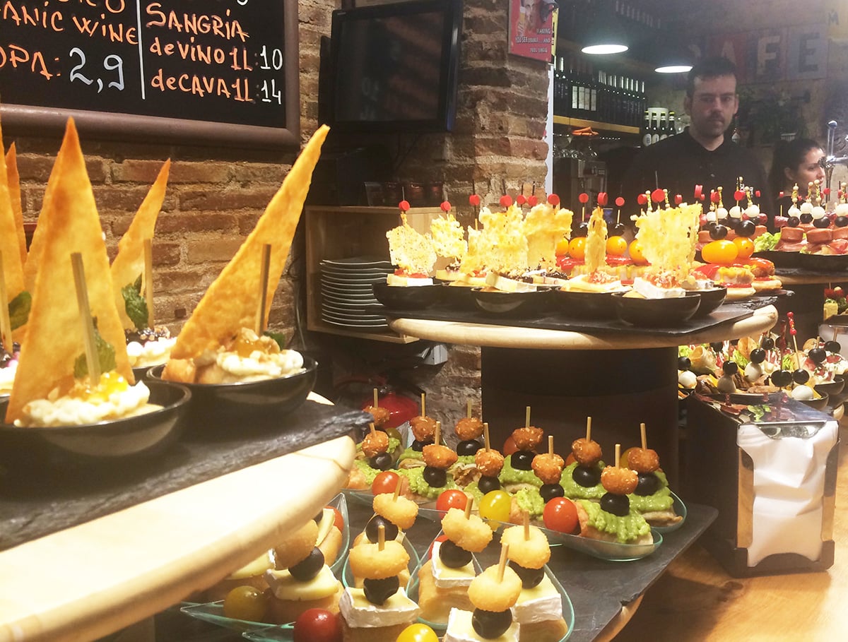 A counter of bite sized pintxos for dinner