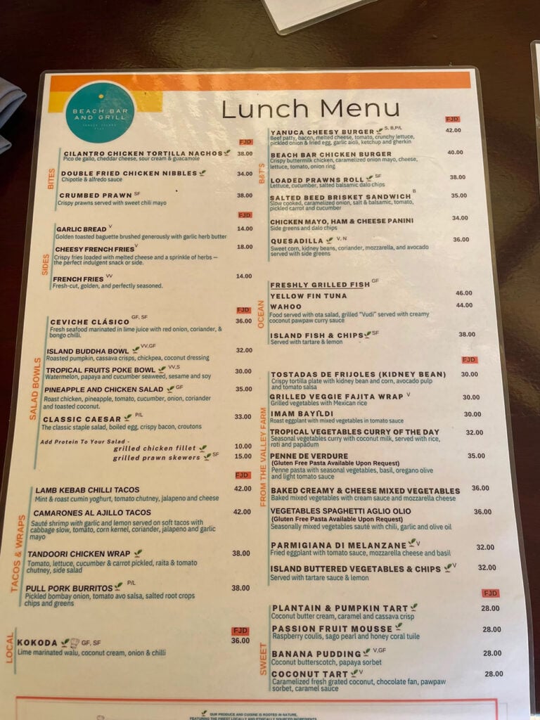 Beach Bar and Grill lunch menu