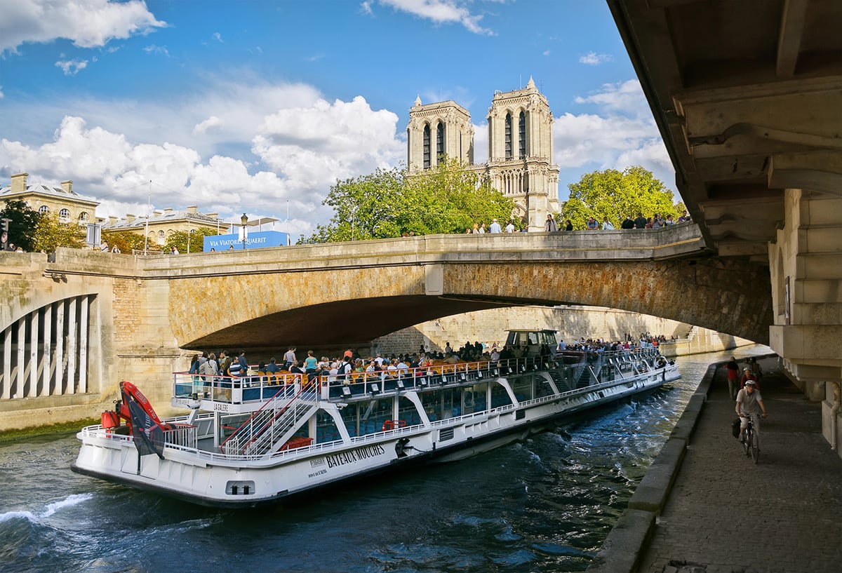 Boating along the Seine with Notre Dame cathedral behind