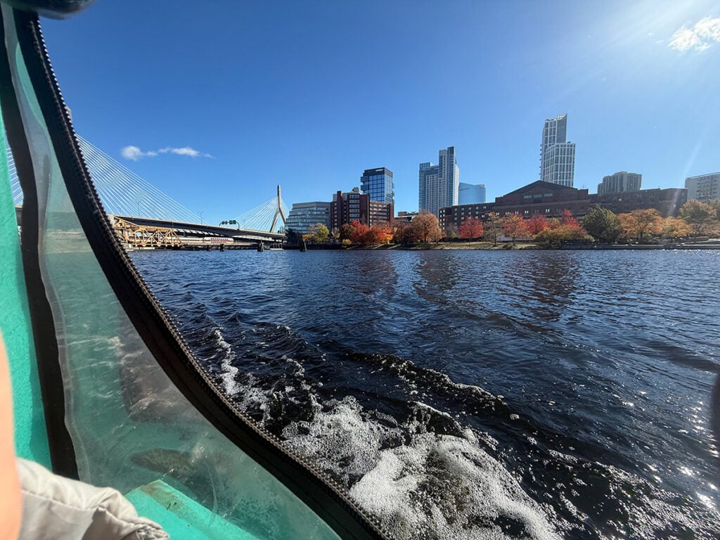 Looking out the window on a duck tour in Boston Harbor