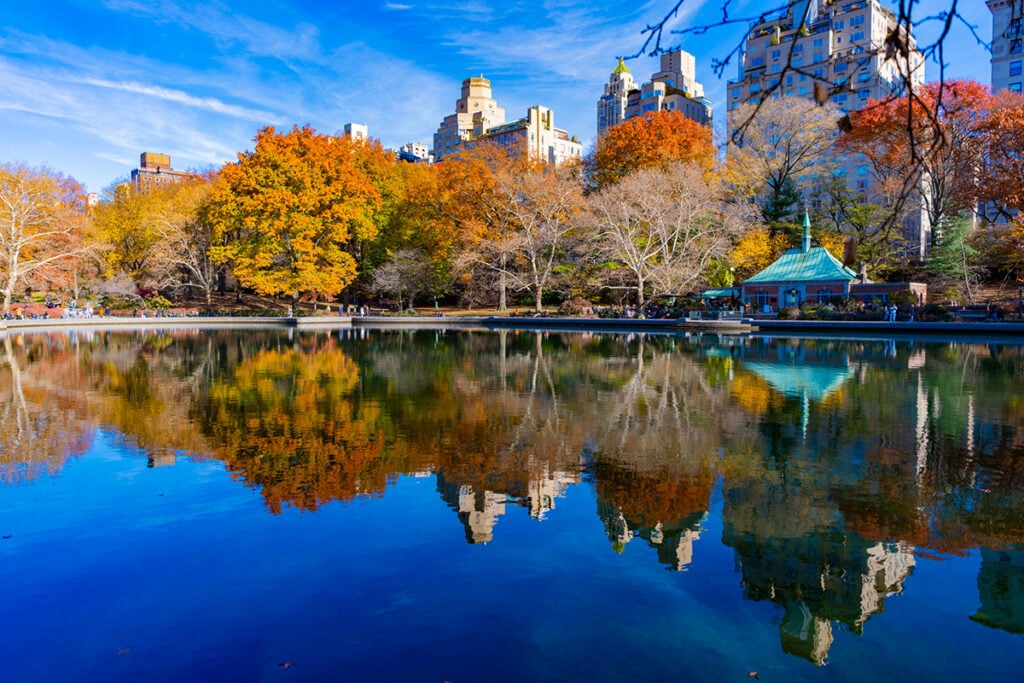 Stunning fall foliage reflections in Central Park
