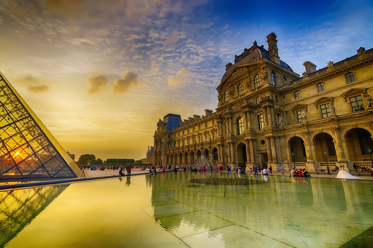 Louvre museums and pyramid at sunrise