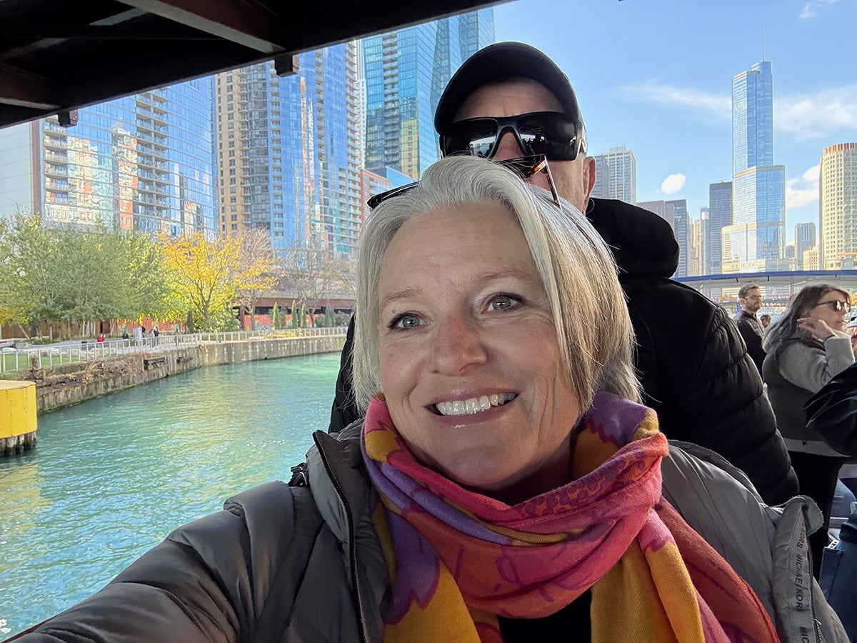 Megan and husband rugged on a Chicago River architecture cruise