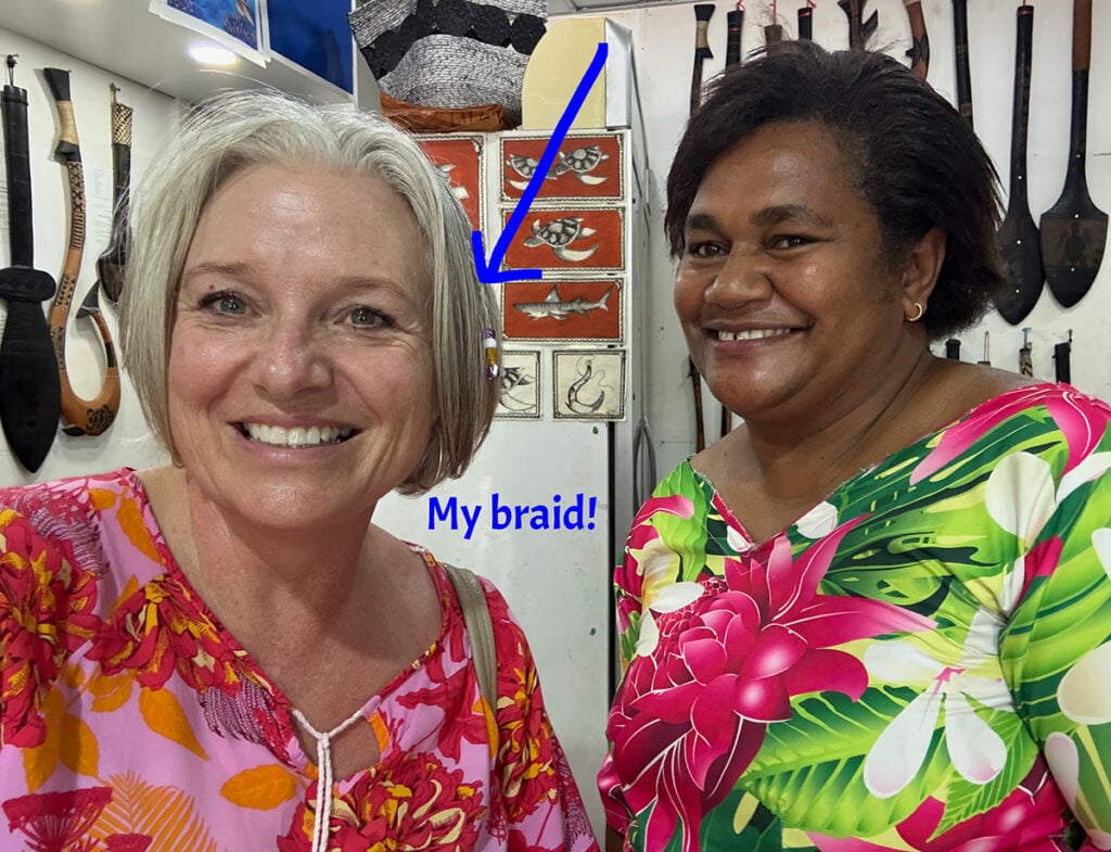 Megan and Fijian lady with a hair braid in Sigatoka
