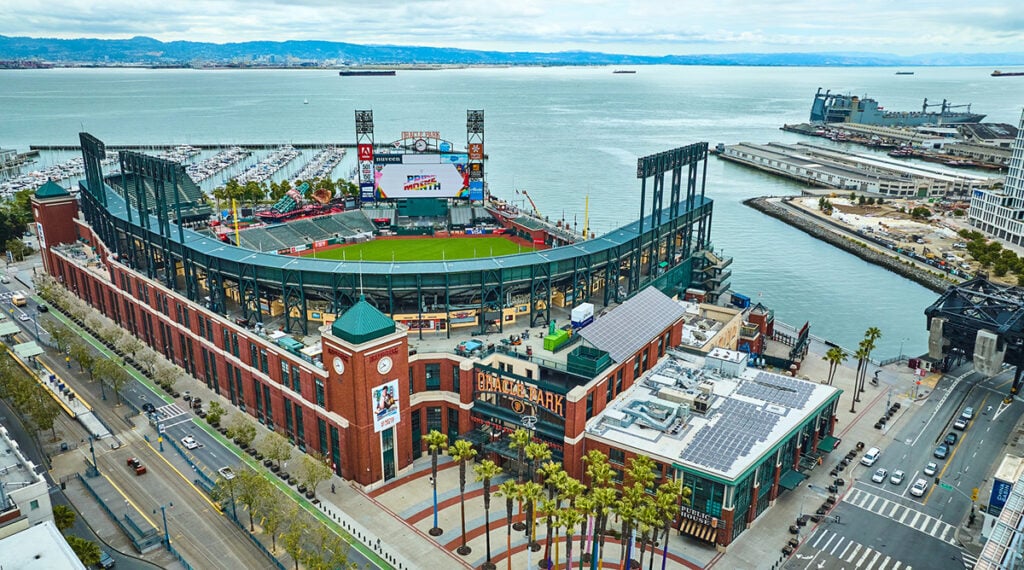 Aerial view over Oracle Park and out to the harbor
