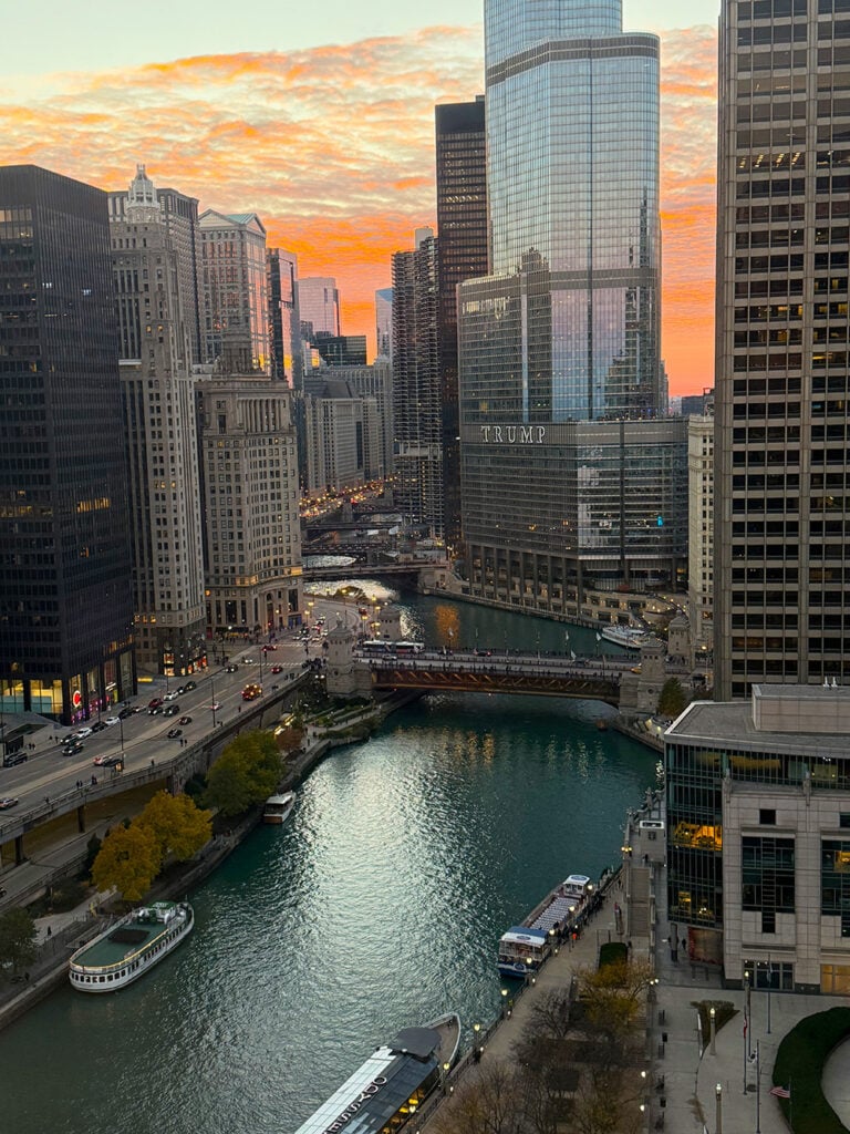 Our view of the pink sky sun set from the Sheraton Chicago, looking down the river