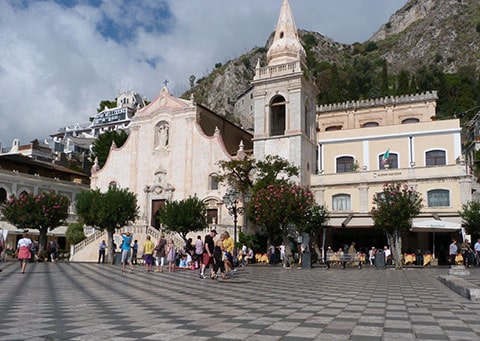 Taormina town square Church and tavern