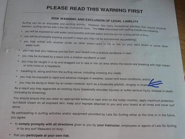 Surf waiver Bondi Beach